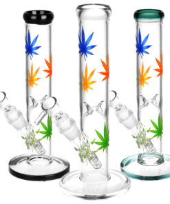 Hemp Leaf Straight Tube Water Pipe - 9.75"/14mm F/Clrs Vry