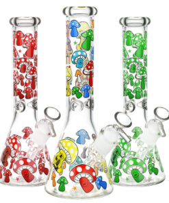 Glow Mushroom Beaker Water Pipe - 10"/14mm F/Clrs Vry