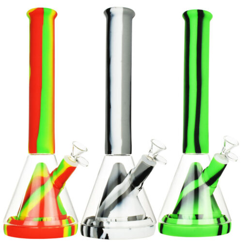 Striped Silicone & Glass Water Pipe - 14"/14mm F/Colors Vary