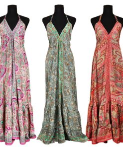 Halter Top Tie Front Silk Full Length Dress